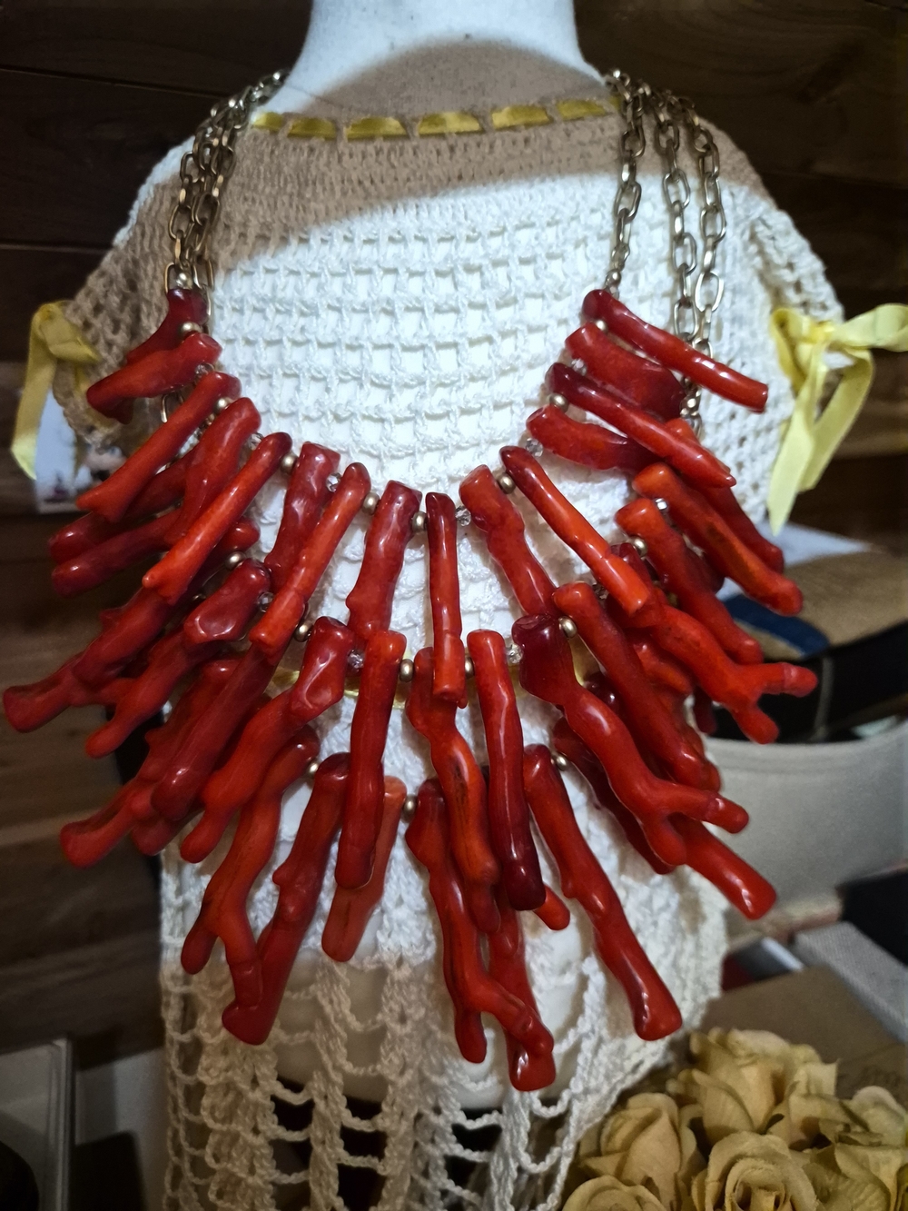 Chico's Bold Red Coral Branch Statement Necklace